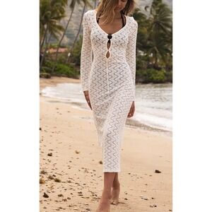 NWT Lulus Wikolia Ivory Crochet O-Ring Midi Swim Cover-Up Dress S Long Sleeve